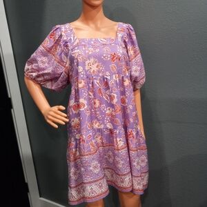 Band Of The Free Margaux Floral Purple Mini Dress Puff Sleeves Women"s Size M